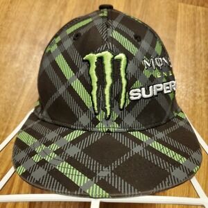 Monster Energy‎ Supercross Racing Hat Cap Fitted Black Green Plaid Embroidered